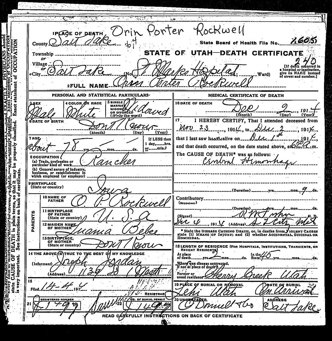 The official death certificate of the son of Orrin Porter Rockwell. This document shows when Porter Rockwell’s son died. He is buried on the Salt Lake City cemetery. His date of birth is not listed here leaving people to wonder when Porter Rockwell’…